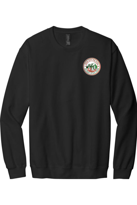 Black crewneck sweatshirt featuring a circular Rock City Pie & Ice Detroit Style Pizza logo on the chest.