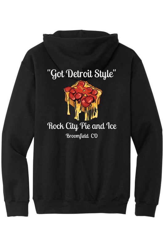 Black hooded sweatshirt featuring a Got Detroit Style pizza graphic on the back with Rock City Pie and Ice text.
