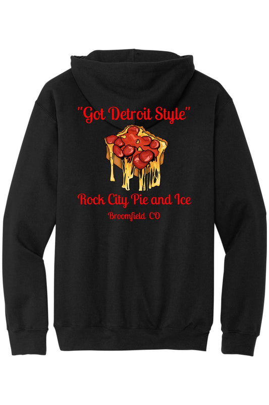 Black hooded sweatshirt with Got Detroit Style pizza graphic on the back in red text.