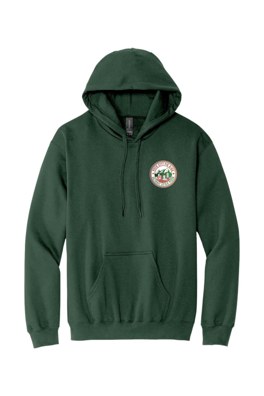 Dark green hooded sweatshirt with a front kangaroo pocket and Rock City Pie & Ice Detroit Style Pizza chest logo.