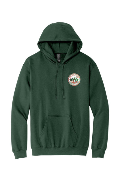 Dark green hooded sweatshirt with a front kangaroo pocket and Rock City Pie & Ice Detroit Style Pizza chest logo.