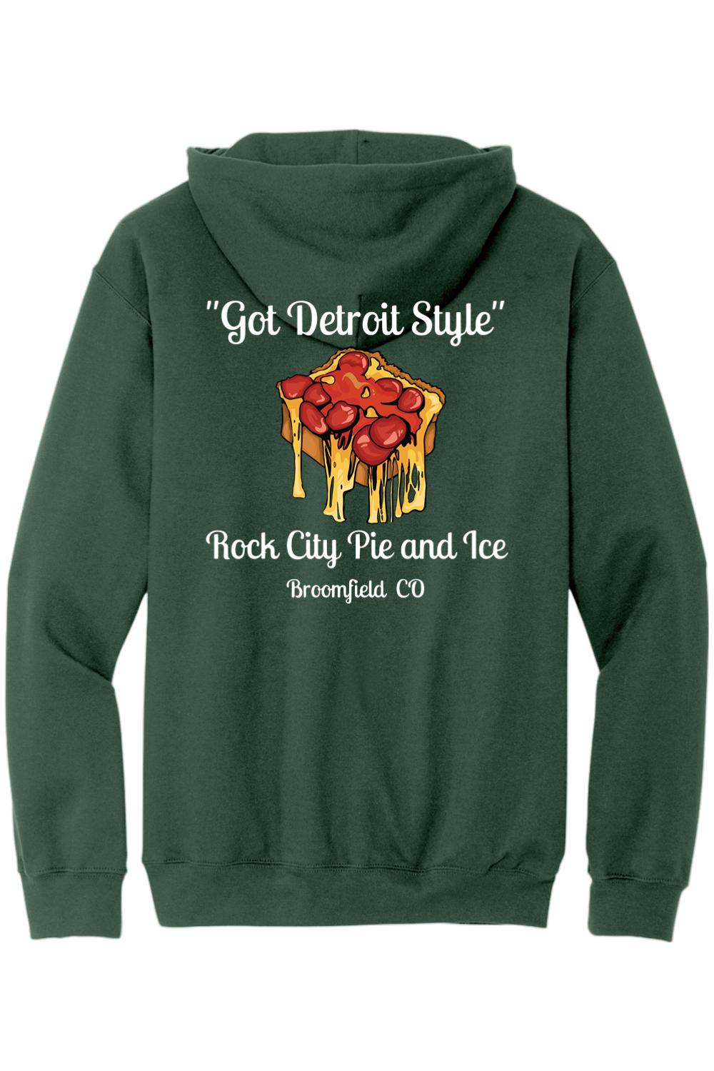 Dark green hooded sweatshirt featuring a Detroit-style pizza graphic with the text Got Detroit Style on the back.