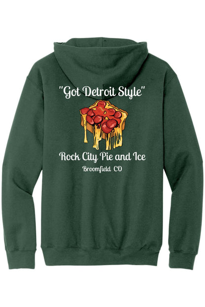 Dark green hooded sweatshirt featuring a Detroit-style pizza graphic with the text Got Detroit Style on the back.