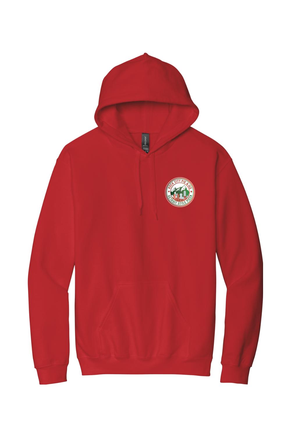 Red hooded sweatshirt with a front kangaroo pocket and a circular Rock City Pie & Ice logo on the chest.