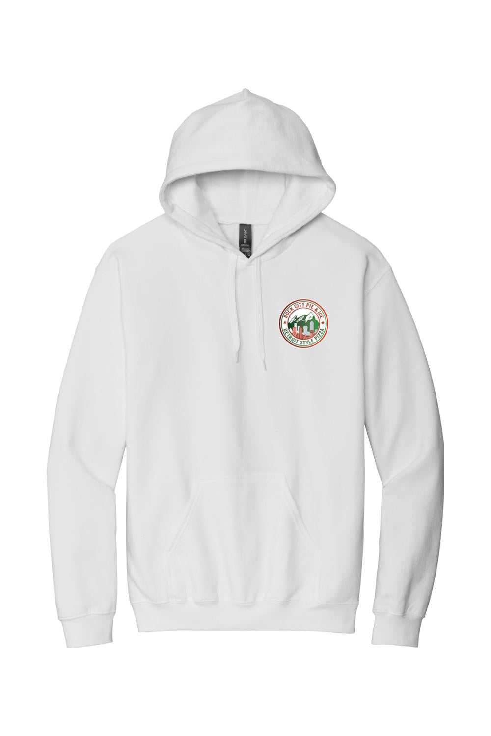 White hooded sweatshirt with a circular Rock City Pie & Ice Detroit Style Pizza logo on the chest.