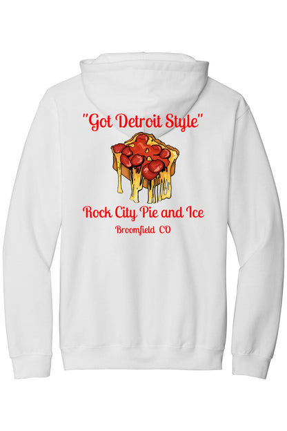 White hooded sweatshirt featuring a Detroit-style pizza graphic with red text on the back.