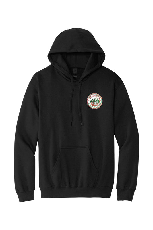 Black hooded sweatshirt with a front kangaroo pocket and Rock City Pie & Ice Detroit Style Pizza logo on the chest.