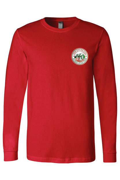 Red long-sleeve crew neck cotton tee featuring a Rock City Pie & Ice Detroit Style Pizza logo on the chest.