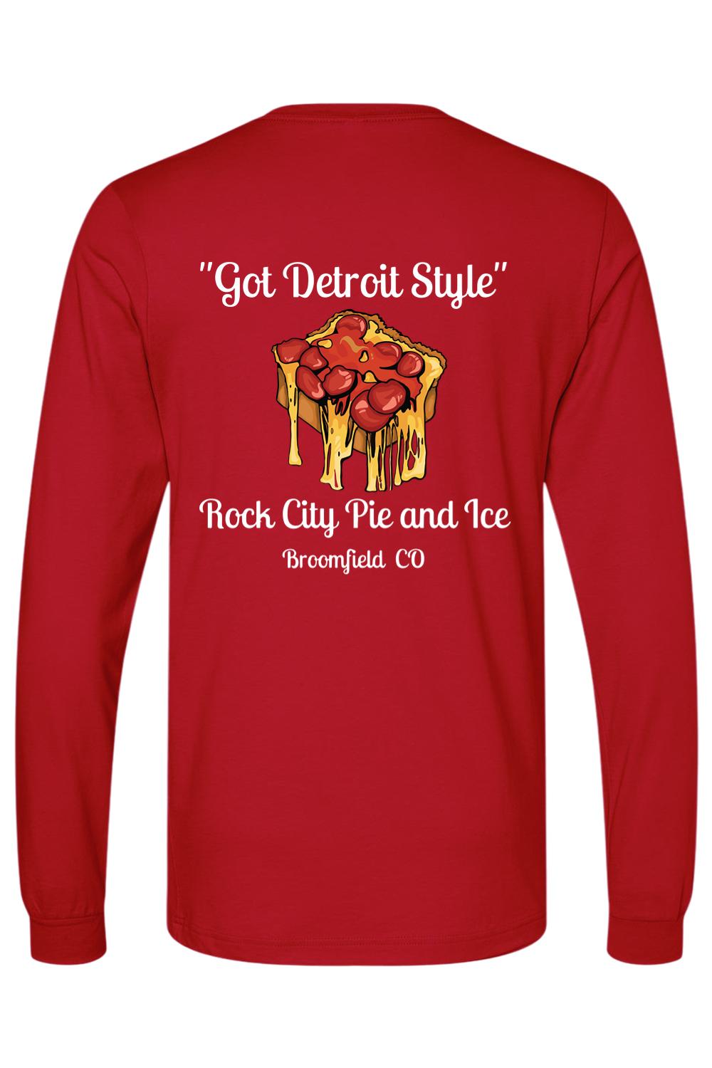 Red long-sleeve crew neck tee featuring a Detroit-style pizza graphic with Got Detroit Style text on the back.
