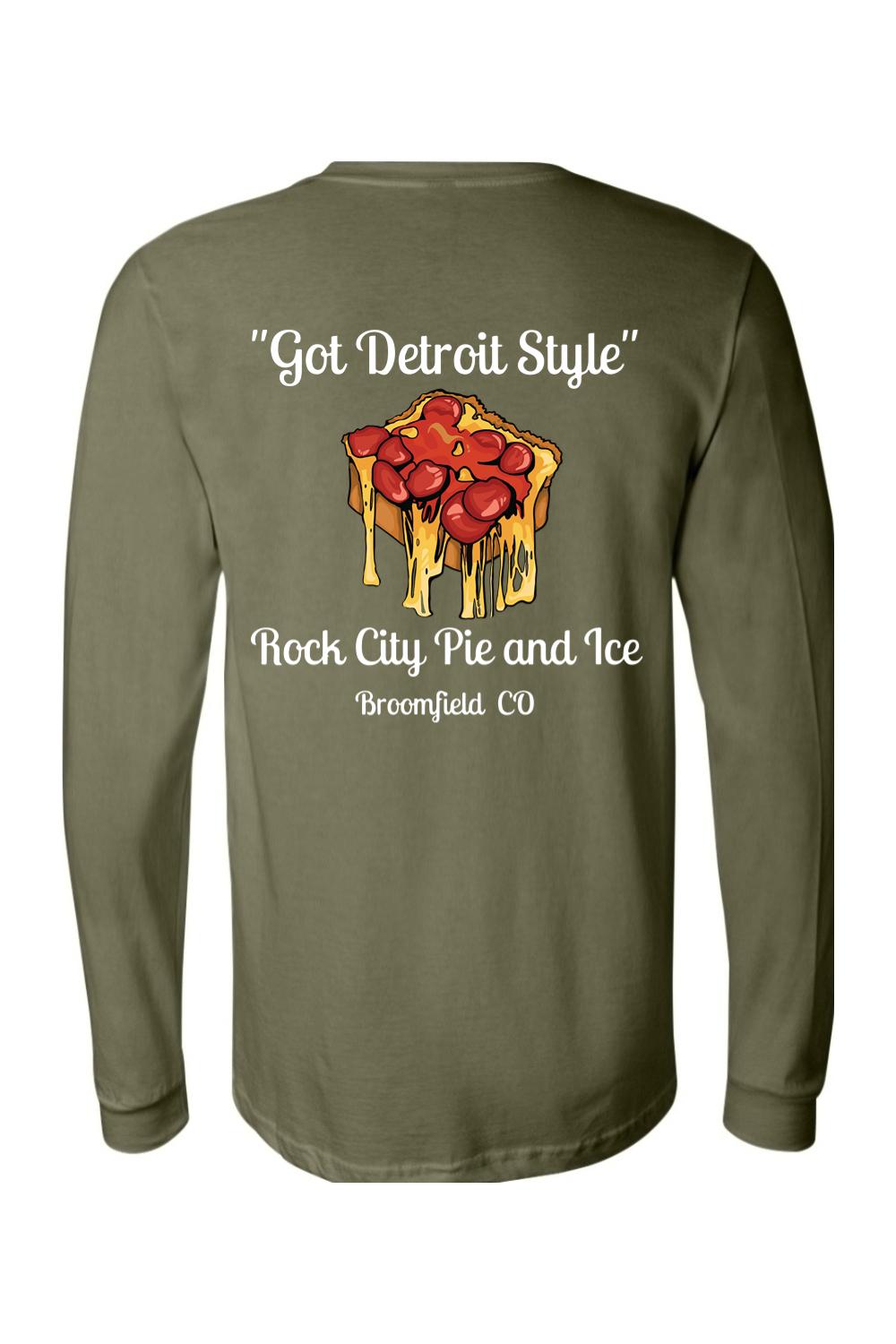 Olive green long sleeve crew tee featuring a Detroit-style pizza graphic on the back with Rock City Pie and Ice text.