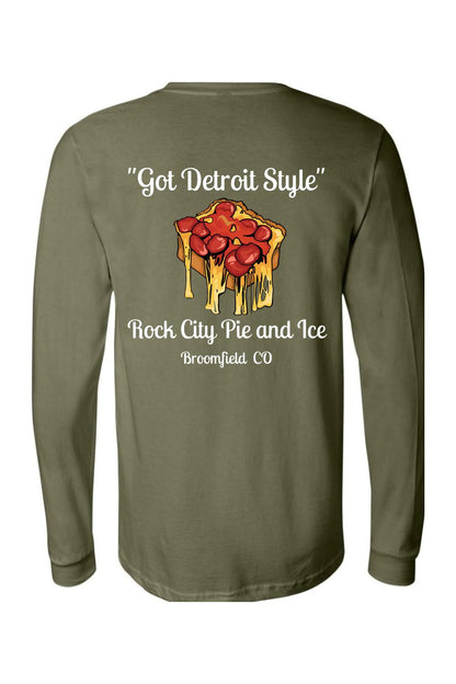 Olive green long sleeve crew tee featuring a Detroit-style pizza graphic on the back with Rock City Pie and Ice text.