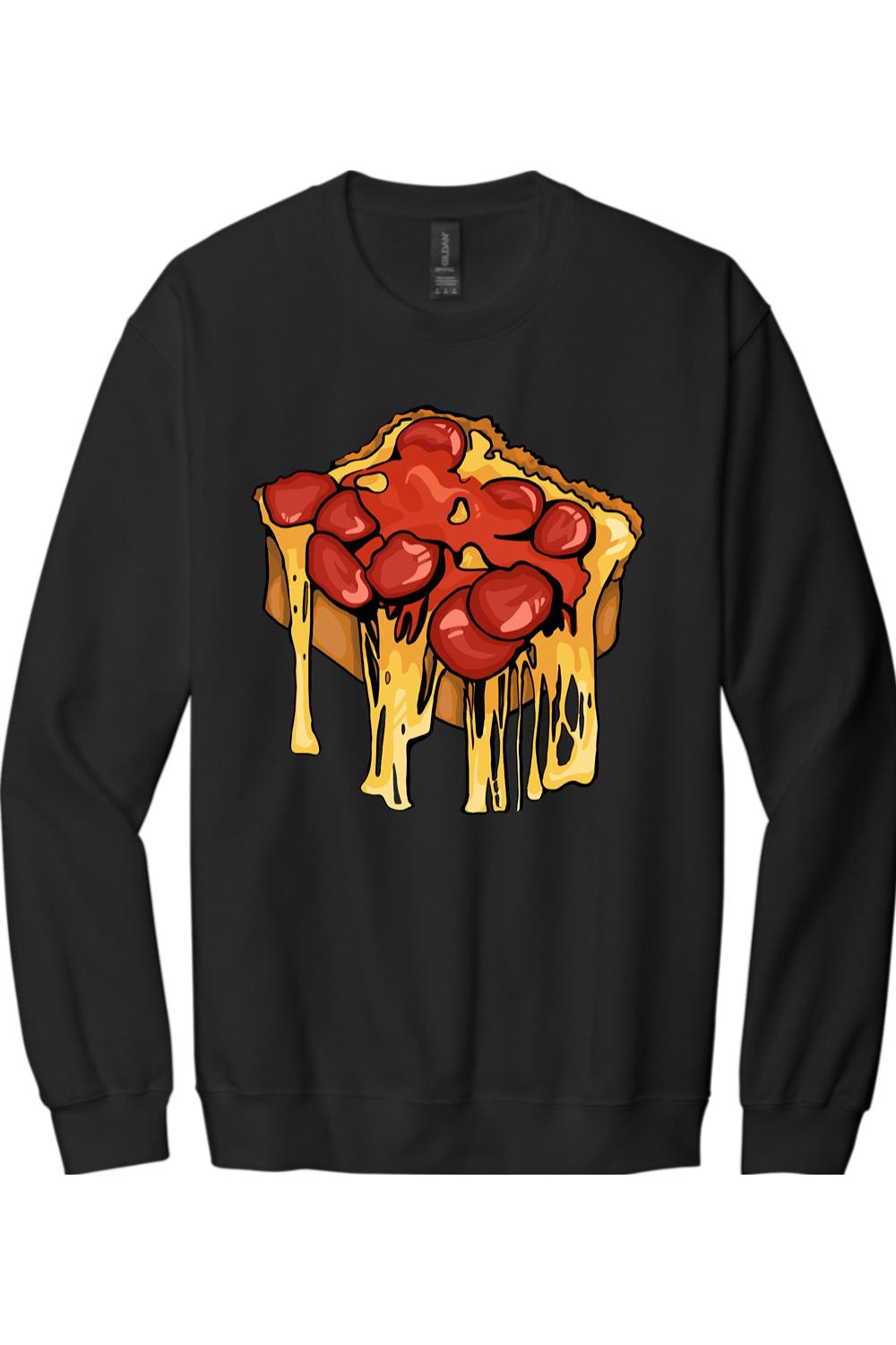 Black long-sleeve cotton crewneck tee featuring a graphic of a pepperoni pizza slice with melting cheese.
