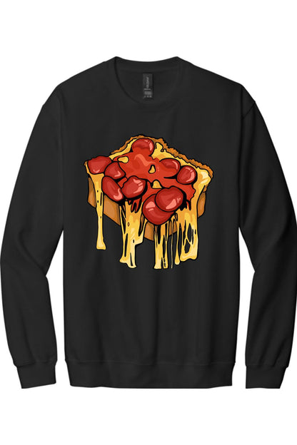 Black long-sleeve cotton crewneck tee featuring a graphic of a pepperoni pizza slice with melting cheese.