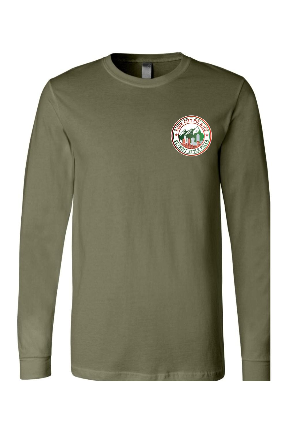 Olive green long-sleeve jersey tee featuring a circular Rock City Pie & Ice Detroit Style Pizza logo on the chest.