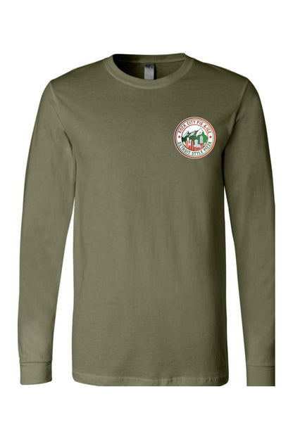 Olive green long-sleeve jersey tee featuring a circular Rock City Pie & Ice Detroit Style Pizza logo on the chest.
