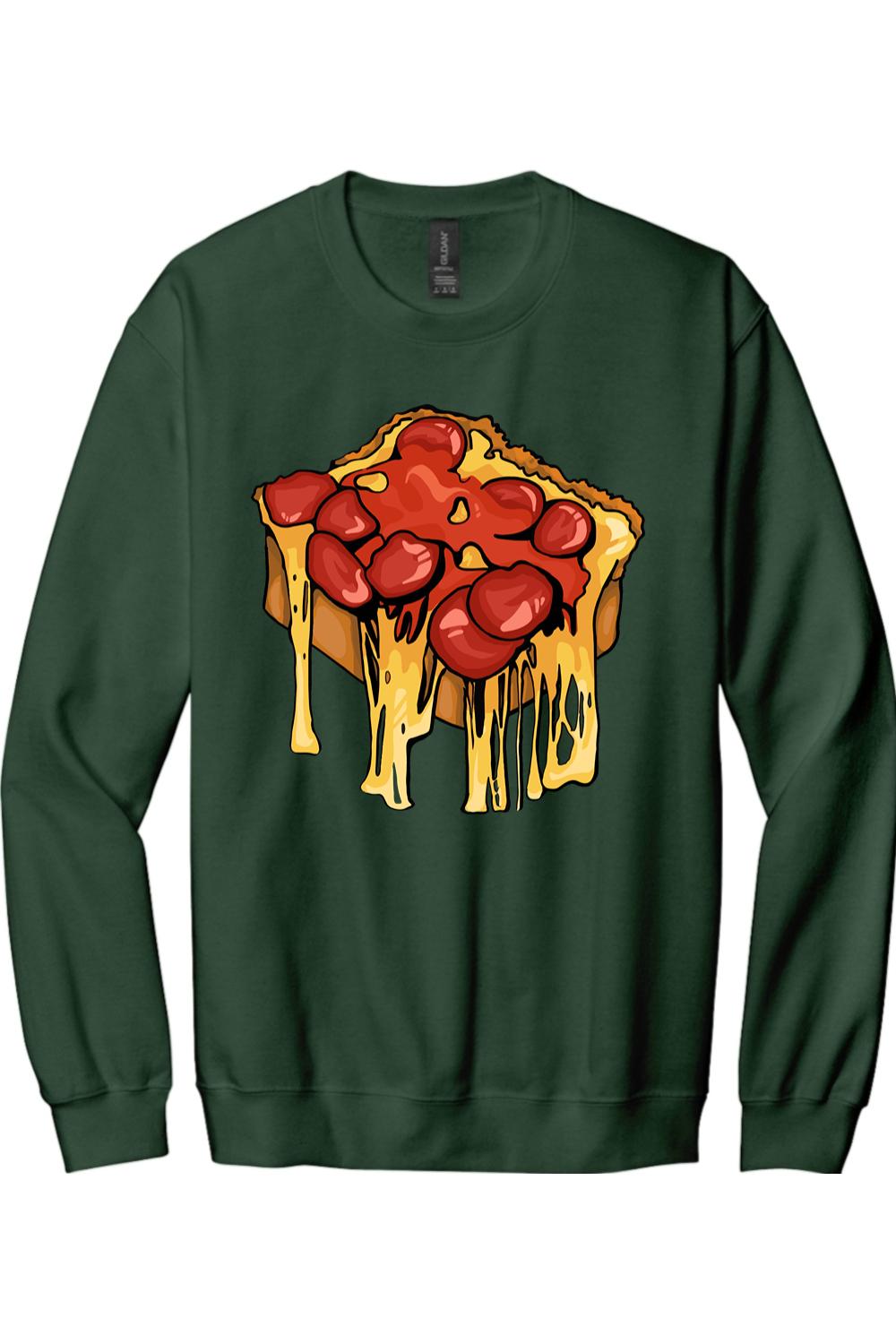 Dark green long-sleeve crewneck tee featuring a graphic of a slice of pizza with melted cheese and pepperoni.