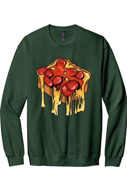 Dark green long-sleeve crewneck tee featuring a graphic of a slice of pizza with melted cheese and pepperoni.