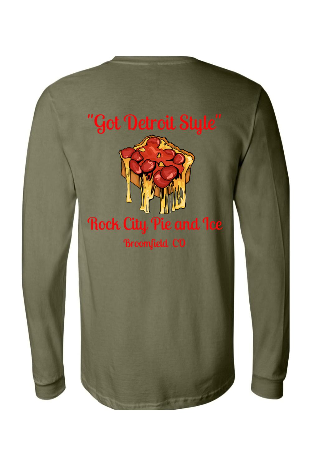 Olive green long-sleeve jersey tee featuring a Detroit-style pizza graphic with red text on the back.