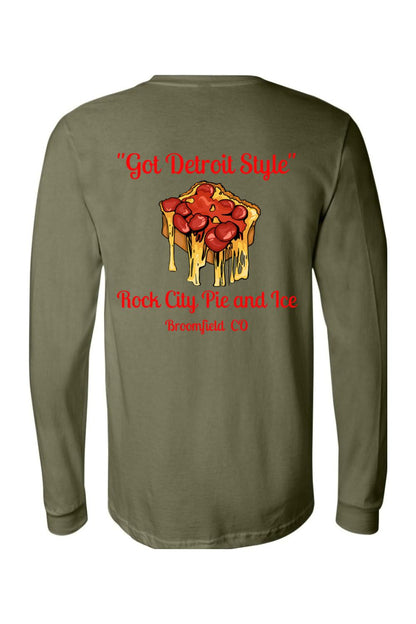 Olive green long-sleeve jersey tee featuring a Detroit-style pizza graphic with red text on the back.