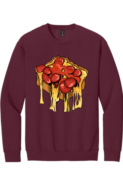 Maroon long sleeve crewneck tee featuring a graphic of a slice of pepperoni pizza with melting cheese.