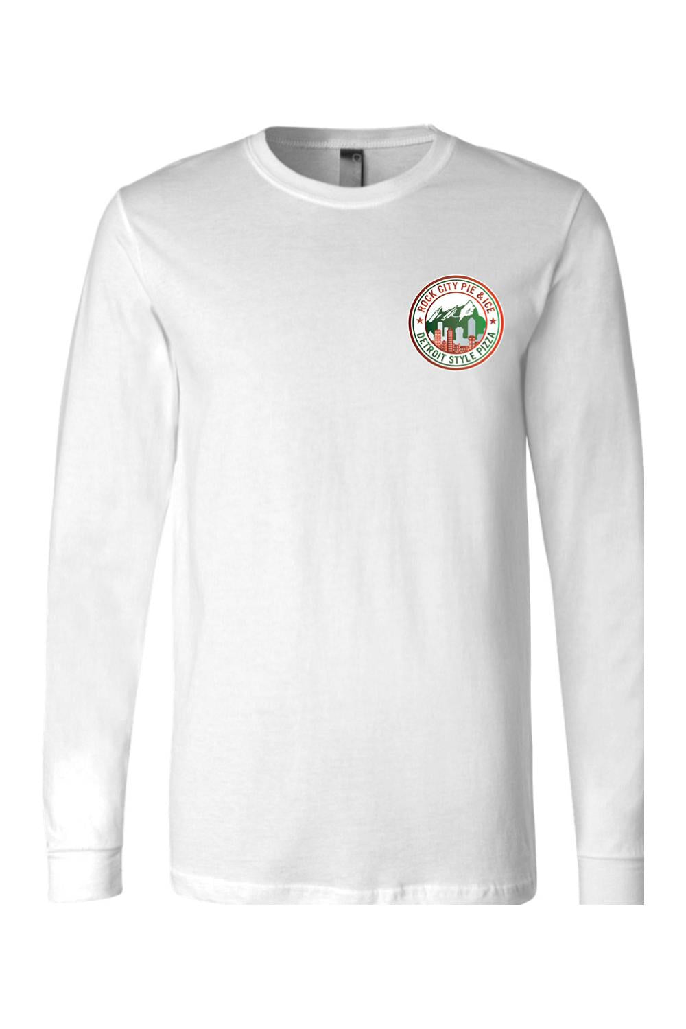 White long sleeve jersey tee featuring a circular Rock City Pie & Ice Detroit Style Pizza logo on the chest.