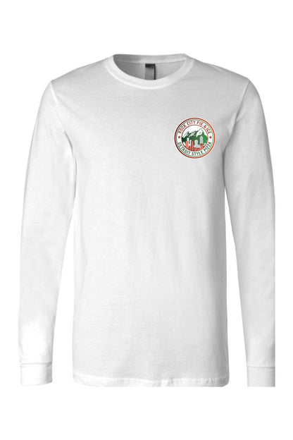 White long sleeve jersey tee featuring a circular Rock City Pie & Ice Detroit Style Pizza logo on the chest.