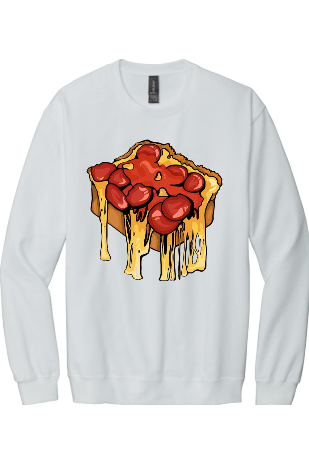White long sleeve cotton tee featuring a graphic of a slice of pizza with melting cheese and pepperoni toppings.