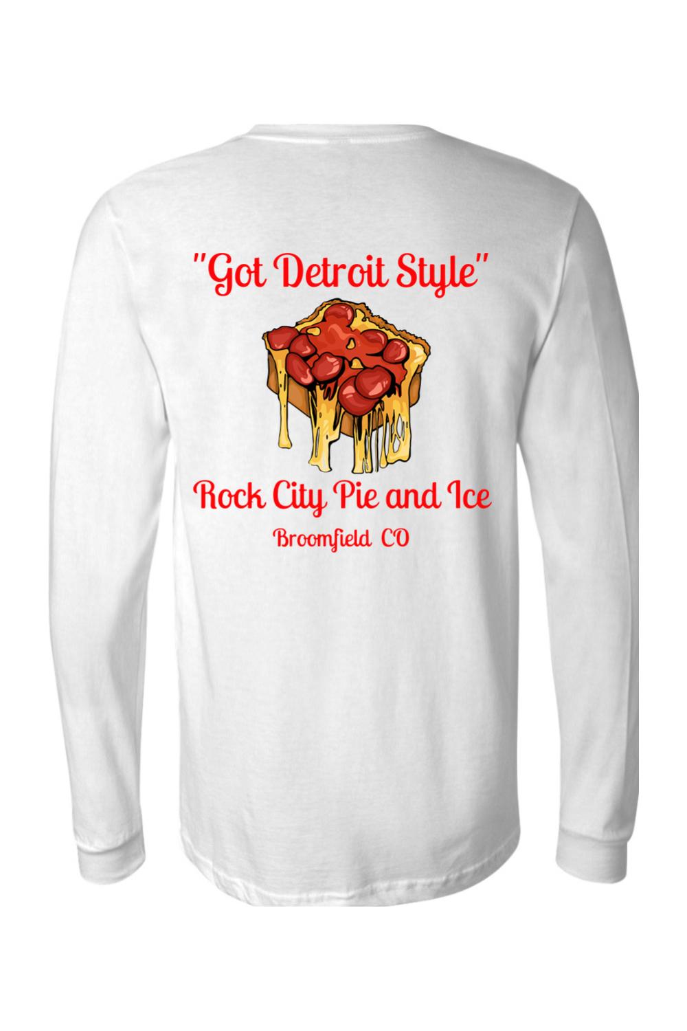 White long-sleeve jersey tee featuring a Detroit-style pizza graphic with red text on the back.