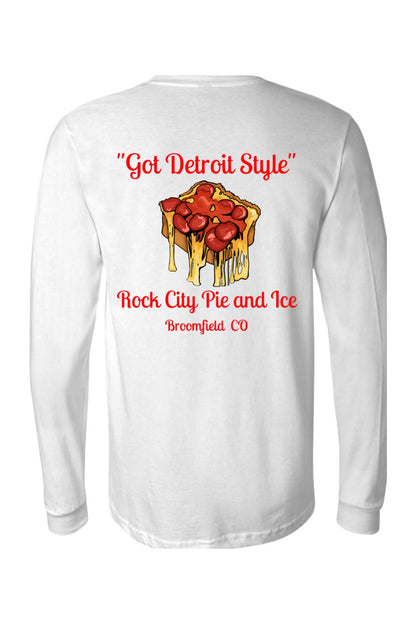 White long-sleeve jersey tee featuring a Detroit-style pizza graphic with red text on the back.