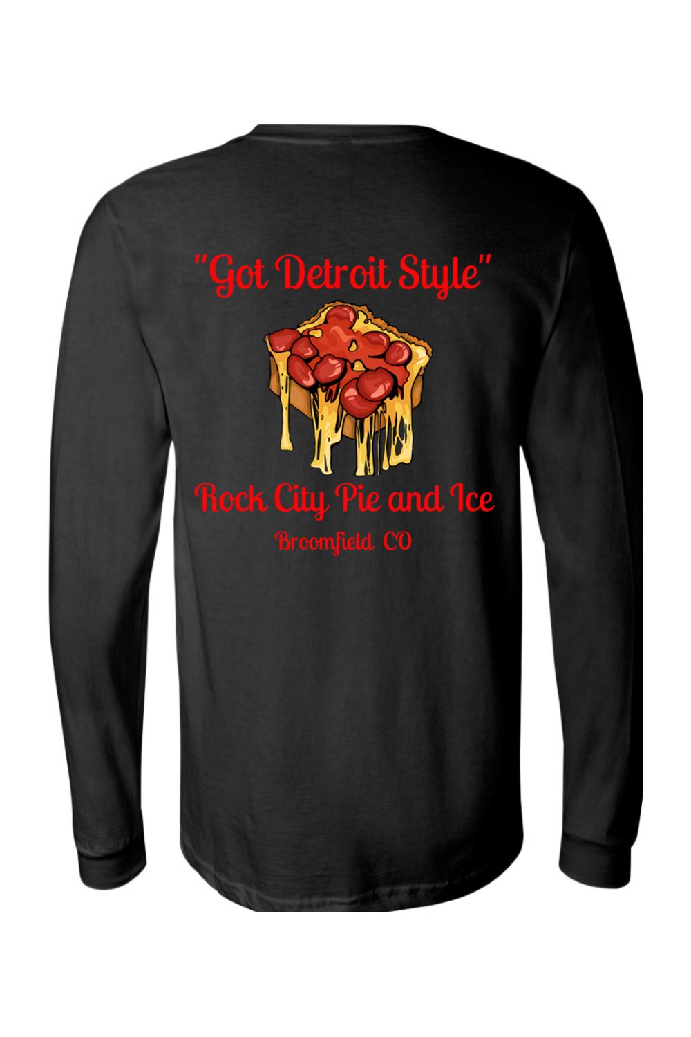 Black long-sleeve cotton jersey tee featuring a Detroit-style pizza graphic with red text on the back.