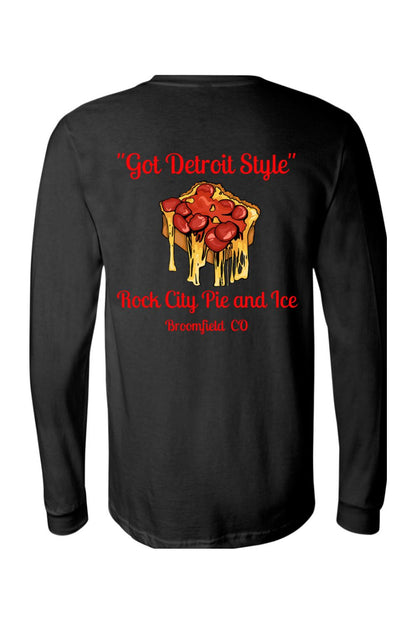 Black long-sleeve cotton jersey tee featuring a Detroit-style pizza graphic with red text on the back.