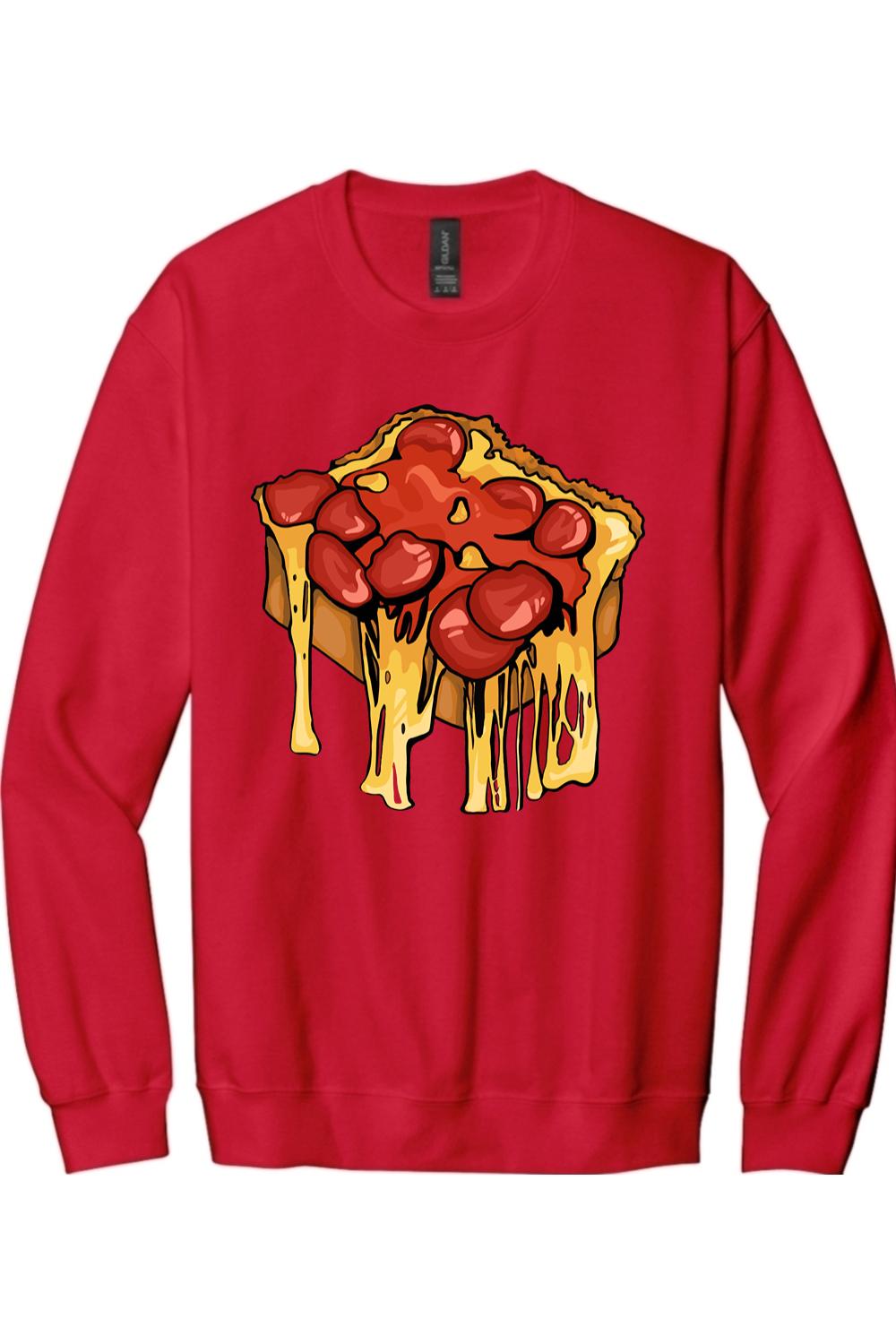 Red long sleeve cotton tee featuring a graphic of a slice of pizza with melting cheese and pepperoni toppings.