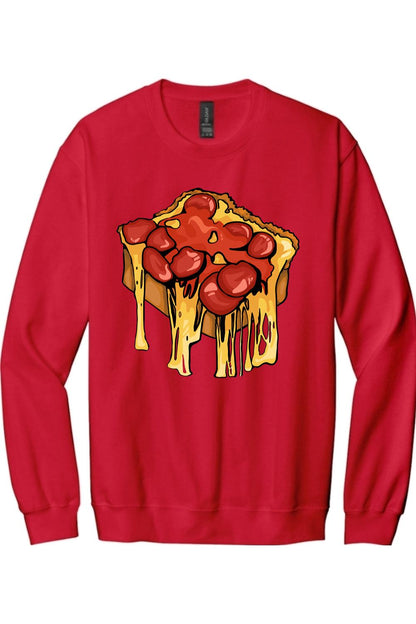 Red long sleeve cotton tee featuring a graphic of a slice of pizza with melting cheese and pepperoni toppings.