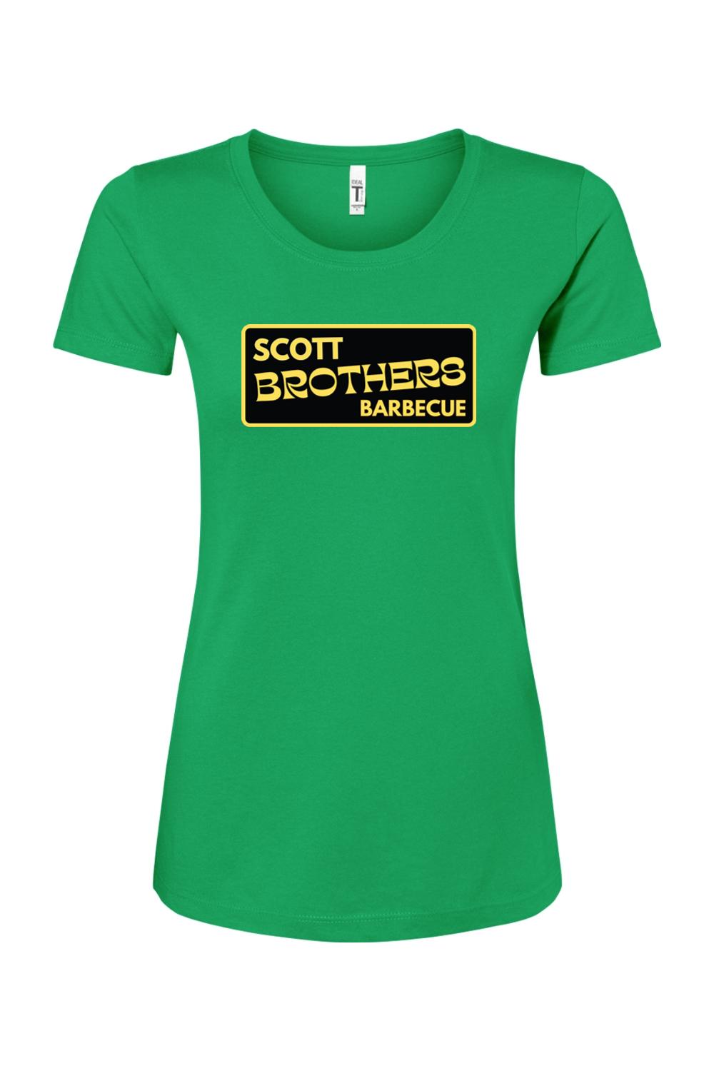 Green women's cotton-blend t-shirt featuring a black and gold Scott Brothers Barbecue logo on the chest.