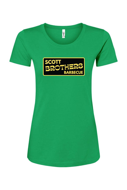 Green women's cotton-blend t-shirt featuring a black and gold Scott Brothers Barbecue logo on the chest.