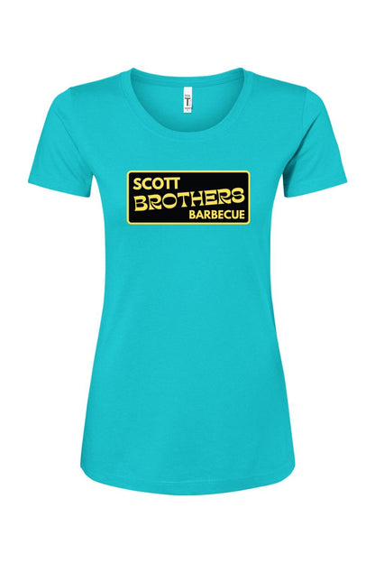 Teal women's cotton-blend t-shirt featuring a black and gold Scott Brothers Barbecue logo graphic on the chest.