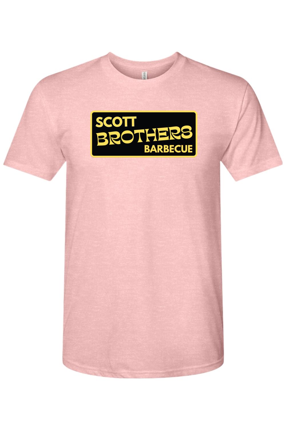 Soft pink triblend t-shirt featuring a black and gold Scott Brothers Barbecue logo on the chest.