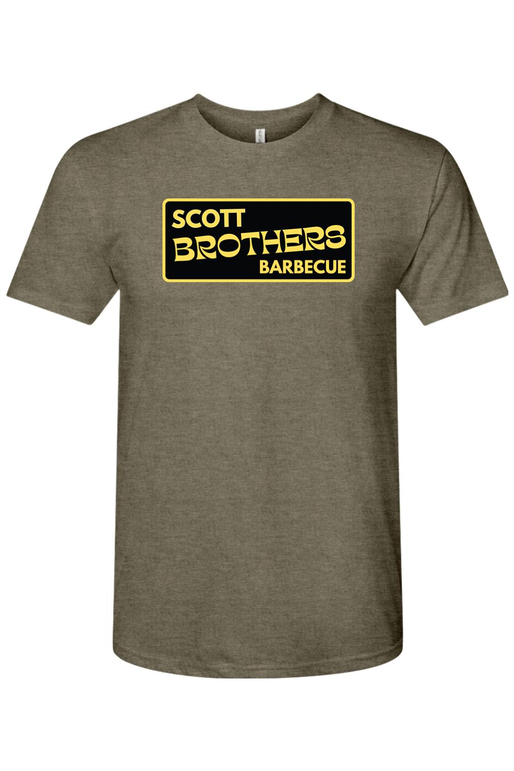 Heather olive triblend t-shirt featuring a black rectangular Scott Brothers Barbecue logo with gold lettering.