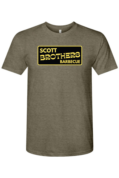 Heather olive triblend t-shirt featuring a black rectangular Scott Brothers Barbecue logo with gold lettering.