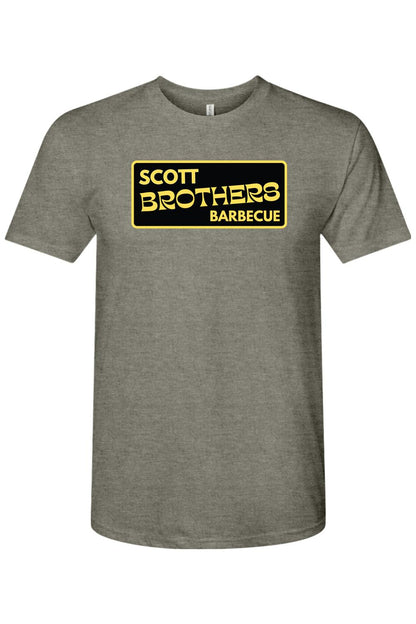 Grey triblend crewneck t-shirt featuring a black rectangular Scott Brothers Barbecue logo with yellow text.