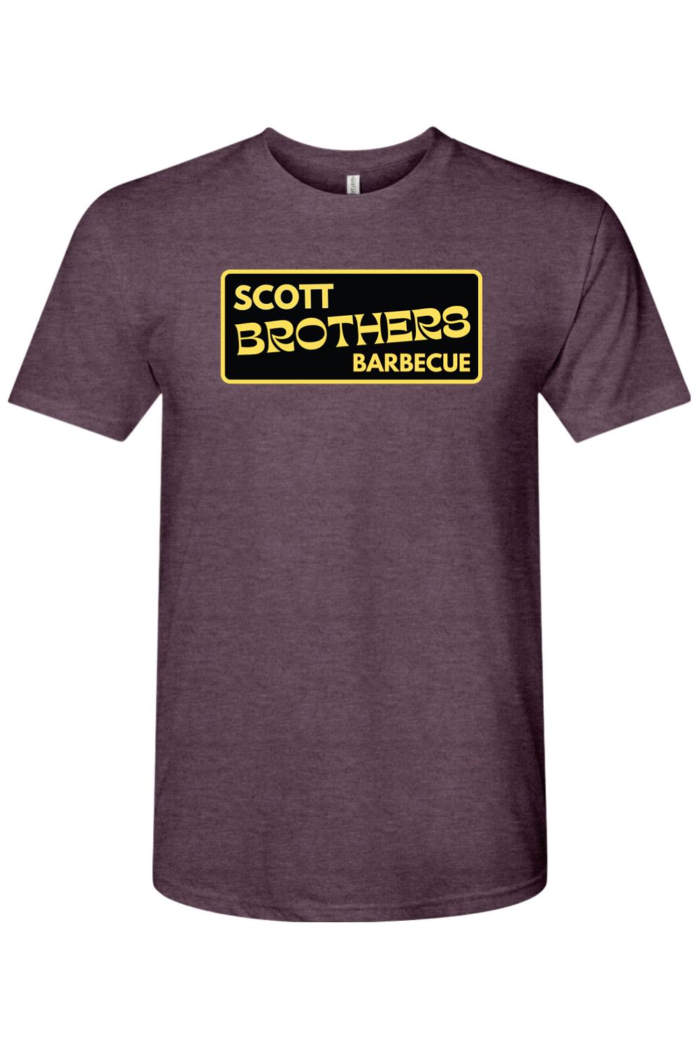 Heathered maroon triblend t-shirt featuring a black rectangular Scott Brothers Barbecue logo with gold lettering.