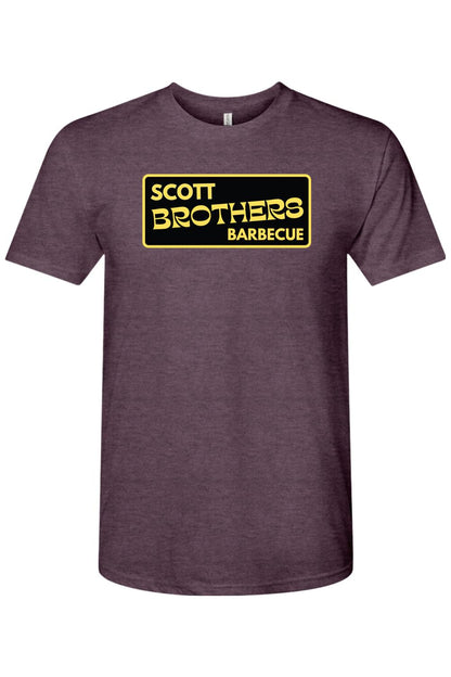 Heathered maroon triblend t-shirt featuring a black rectangular Scott Brothers Barbecue logo with gold lettering.
