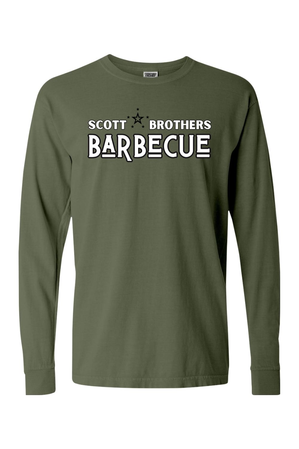Olive green Comfort Colors long sleeve t-shirt featuring a white Scott Brothers Barbecue logo on the chest.