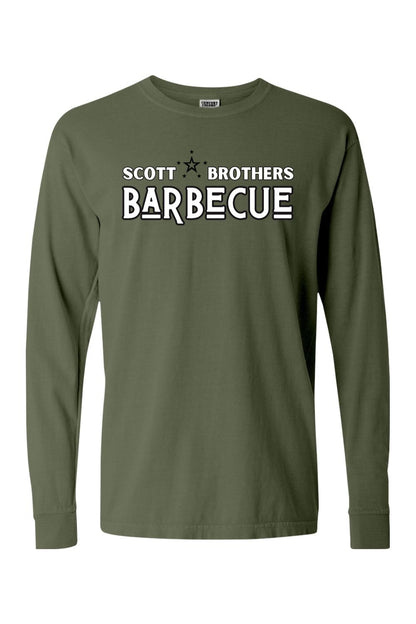 Olive green Comfort Colors long sleeve t-shirt featuring a white Scott Brothers Barbecue logo on the chest.