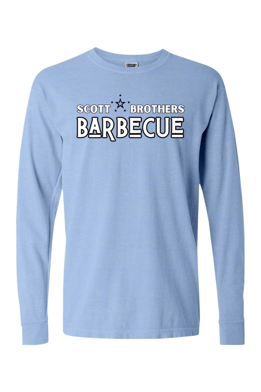 Light blue Comfort Colors long sleeve t-shirt with a black and white Scott Brothers Barbecue logo on the chest.