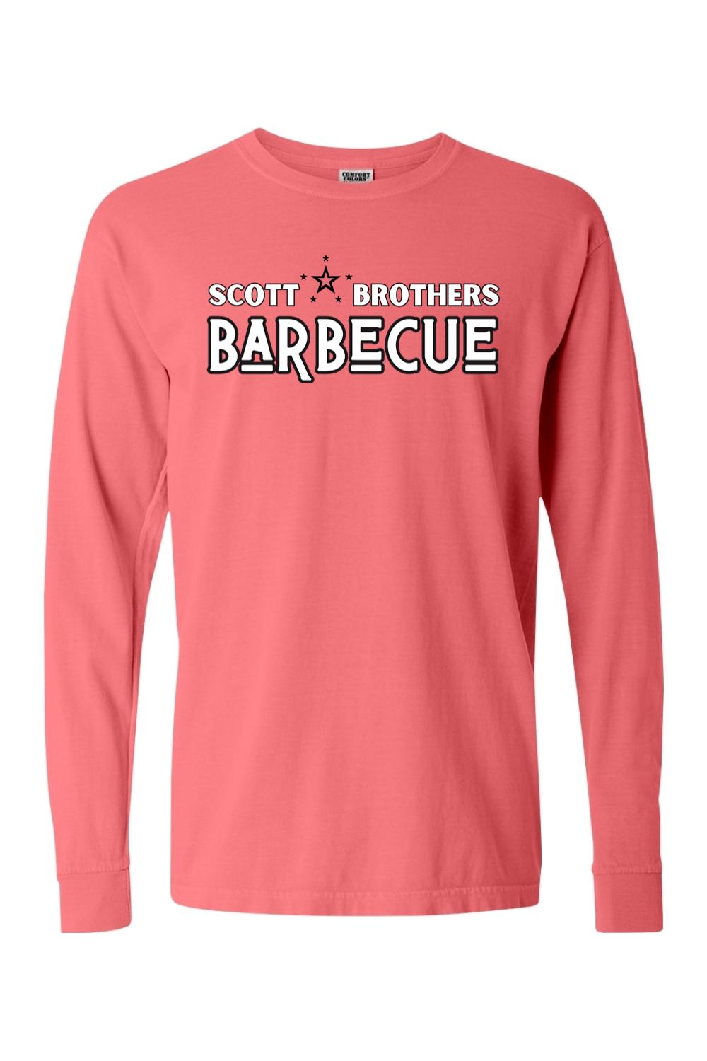 Coral long sleeve Comfort Colors t-shirt featuring a black and white Scott Brothers Barbecue logo on the chest.