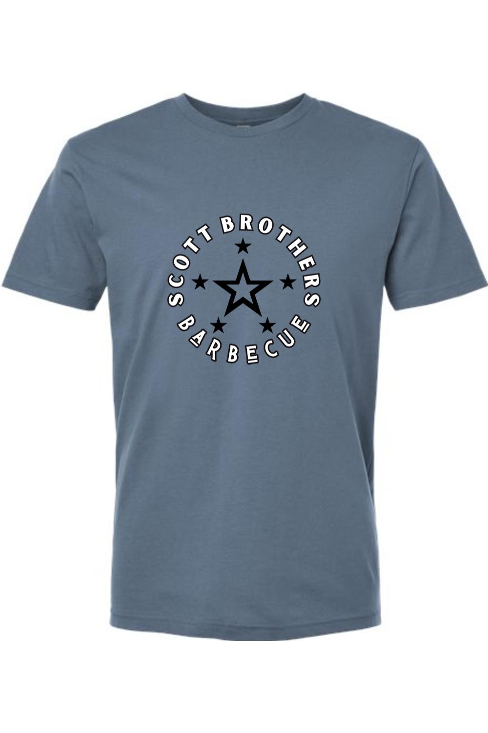 Blue cotton crewneck t-shirt featuring a black Scott Brothers Barbecue star logo graphic on the chest.