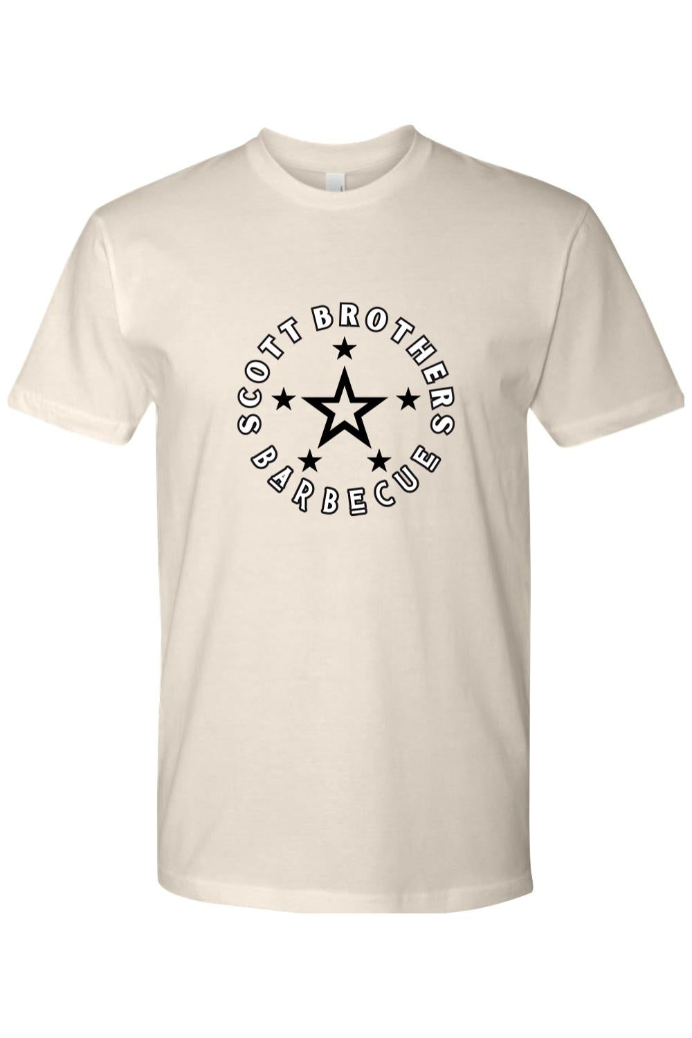 Cream-colored cotton t-shirt featuring a black Scott Brothers Barbecue star logo graphic on the chest.