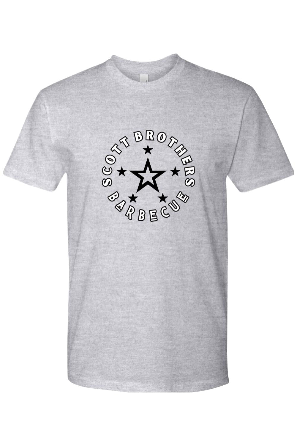 Grey cotton t-shirt featuring a black Scott Brothers Barbecue star logo graphic on the chest.
