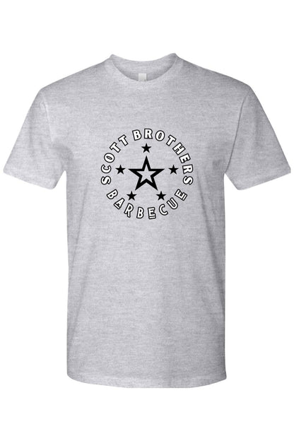Grey cotton t-shirt featuring a black Scott Brothers Barbecue star logo graphic on the chest.